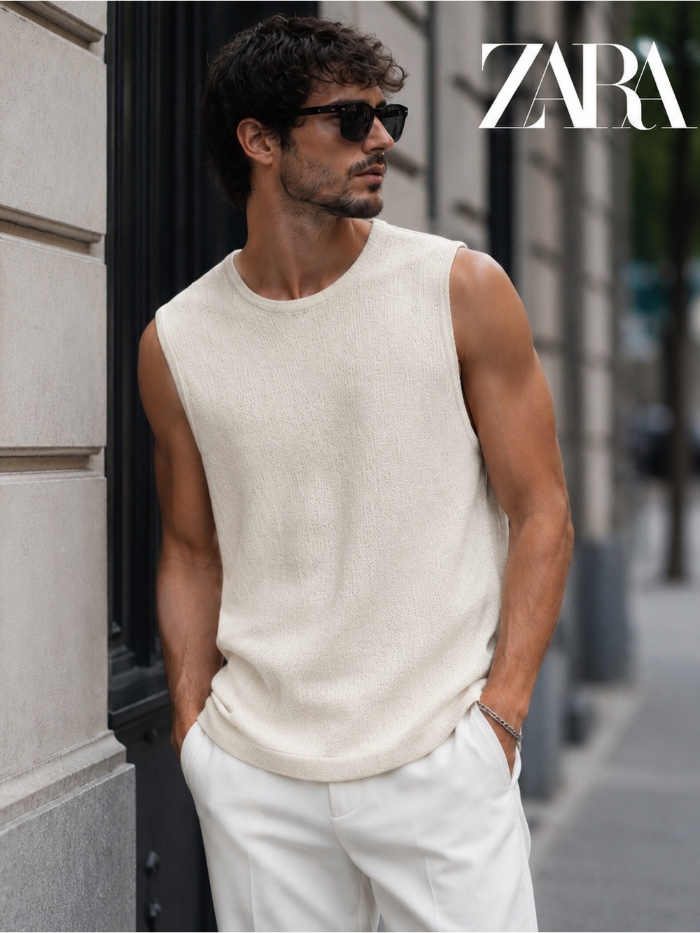 Men’s ZARA Textured Tank Top Cream Size Medium